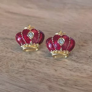 Vintage Avon Red Enamel Gold Tone Crown Earrings, Post Back - Picture 1 of 7