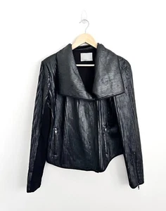 Feathers Boutique Black Faux Leather Textured Striped Lapel Jacket Size Large - Picture 1 of 12