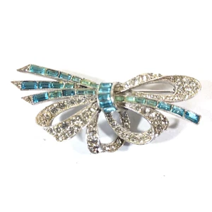 Bogoff Crystal Aqua Blue Rhinestone Sévigné Bow Brooch Vintage Signed - Picture 1 of 4