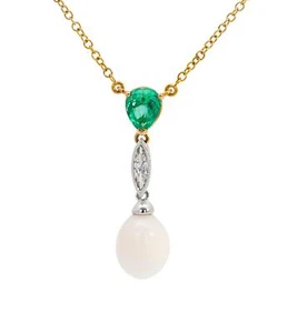 Vintage Natural Saltwater Conch Pearl & Emerald Drop 18K Gold Pendant Necklace - Picture 1 of 9