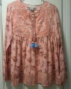 Rachel Zoe Blouse Swing Top M Fliral Peach Gauze Embroidered Peasant Boho Tassle - Picture 1 of 13