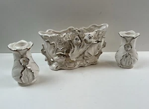Vase Planter w/ 2 Candle Stick Holders Ivory White Gold Trim Rose Flowers 3 Pc - Picture 1 of 17