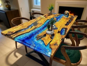Blue Ocean Epoxy Resin Table 60"x30" | Handmade Wave Art Dining & Sofa Table - Picture 1 of 12