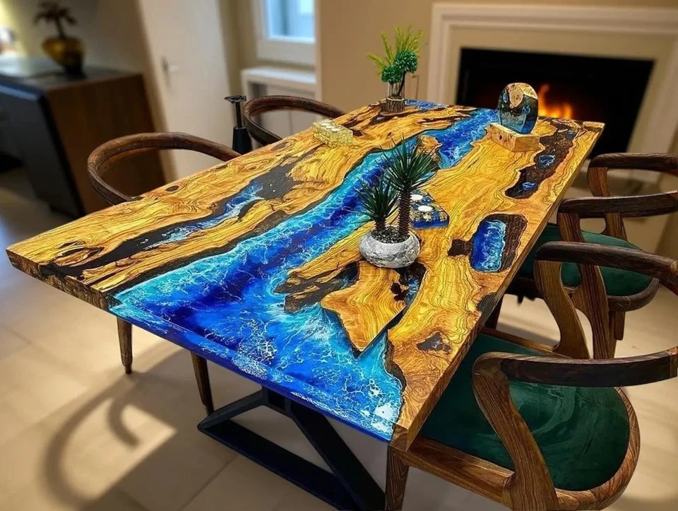 Blue Ocean Epoxy Resin Table 60"x30" | Handmade Wave Art Dining & Sofa Table - Image 1 of 4