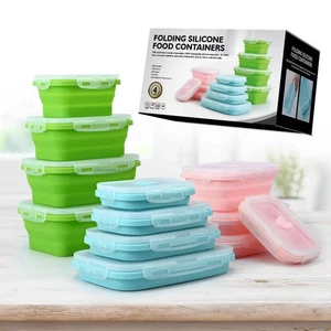 4 Pc Silicone Collapsible Lunch Box BPA Free Flat Stack Food Containers with Lid - Picture 1 of 21