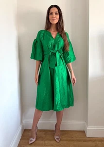 Brand New Monsoon Emerald Green Fluted Sleeve Belted Dress Size 10-22 - Picture 1 of 4