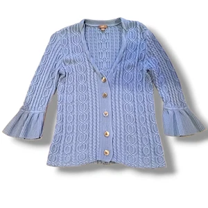J Jill Cable Knit Button Front Cardigan-Size XS-Bell Sleeves-Lt Blue-Cottagecore - Picture 1 of 8