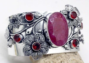 925 Sterling Silver Pink Ruby & Garnet Gemstone Jewelry Cuff Bracelet Size-ADJ - Picture 1 of 7