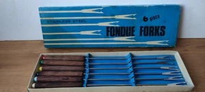 6 Fondue Forks in Original Box - Teak Colour Coded Handles - Mid-Century - 26cm - Picture 1 of 9