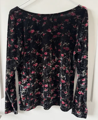 Top Floral Terciopelo Ninety Negro con Manga Larga Cuello Corbata Boho Retro L Foto 1 de 4