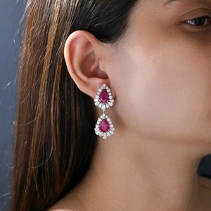 14.19 Tcw Ruby Gemstone SI/H Diamond Dangle Drop Earrings 14k White Gold - Picture 1 of 11
