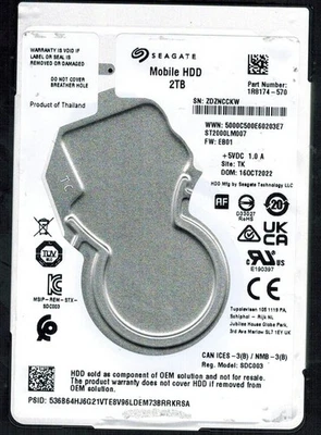ST2000LM007 P/N: 1R8174-570 F/W: EB01 S/N: ZDZN TK 2TB OCT 2022 THAILAND SEAGATE - Image 1 of 2