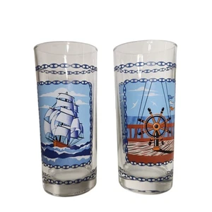 Vintage MCM Set Of 2 Nautical Highball Glasses Ship/wheel Design Made In Italy - Picture 1 of 6