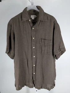 Vintage 90s J.Crew Raw Linen Shirt Mens M Heavy Weave Brown Boxy Fit Natural - Picture 1 of 2