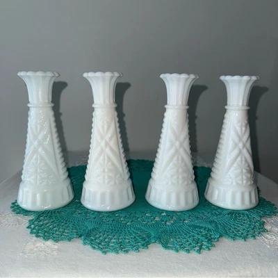 Vintage Stars & Bars White Milk Glass Bud Vases Set of 4, 6 inches tall - Image 1 of 4