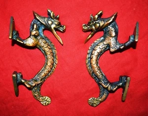 Antique Pair Dragon Figurine Door Handle Brass Bar Restaurant Pull Door Deco A24 - Bild 1 von 7