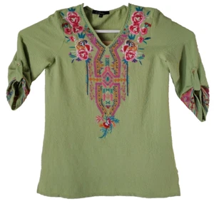 Camicia Calessa donna L verde oliva floreale sud-ovest ricamo rotolo linguetta boho - Foto 1 di 13