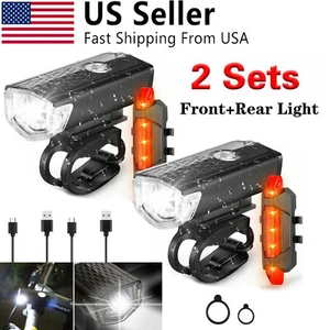 2xUSB Rechargeable LED Cycling Bicycle Headlight Waterproof Bike Front Rear Lamp - Picture 1 of 14