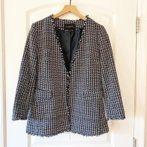 Banana Republic Tweed Boucle Blazer marine weiß Größe Small Fransenbesatz Karriere - Bild 1 von 8
