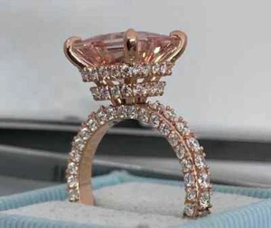 3Ct Cushion Lab-Created Morganite Wedding Ring Set 14K Rose Gold Plated Silver - Picture 1 of 10