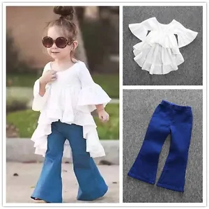 2PCS Toddler Kids Baby Girls Outfits tops+ Denim Flared pants Set Clothes