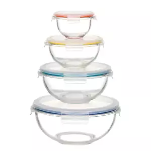 Glass Salad/Mixing Bowl Set 8 Pc Set (4 Bowls, 4 Lids) Nesting Borosilicate New - Picture 1 of 11