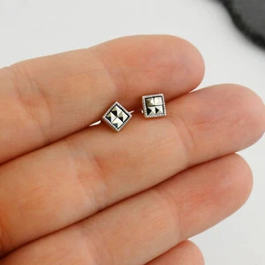 Square Marcasite Post Earrings - 925 Sterling Silver - Stud Squares Gift NEW - Picture 1 of 3
