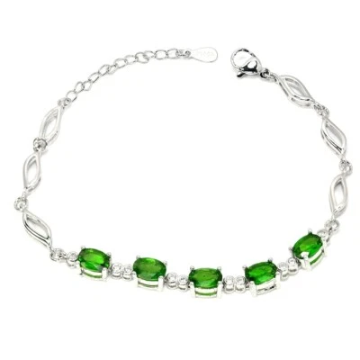 PULSERA NATURAL AAA VERDE CROMO DIOPSIDO OVALADA Y CIRCONITA PLATA ESTERLINA 925 7-8" Foto 1 de 4