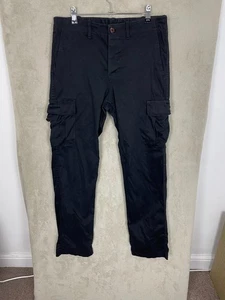 Men's Utility Black Straight Regular Cargo Trousers Size W32 L32 Button Fly - Picture 1 of 5