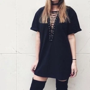 NWT LF Emma & Sam Black Lace Up Boyfriend T-shirt Dress Tunic Top SZ XS - Picture 1 of 11