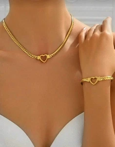 Gold Plated Stainless Steel Heart Chain Necklace & Bracelet Set (2pc) - Picture 1 of 3