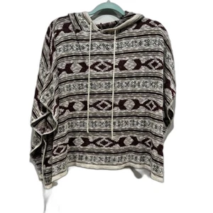 Poncho Sweater Aztec Knit Hoodie Lightweight Cream Pullover Red Women sz Small - Picture 1 of 8