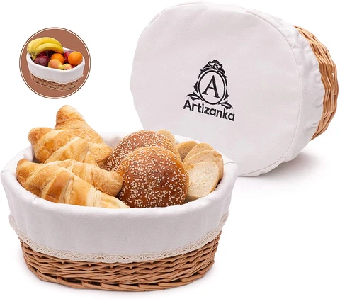 Large Bread Basket for Serving Set - 12X9” Wicker Basket with Removable Liner an Cover