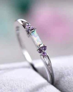 935 Silver With Baguette Cut Opal & Round Cut Amethyst Engagement Ring For Woman - Picture 1 of 6