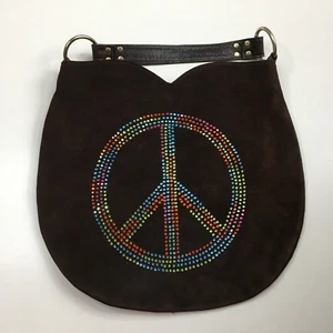 TAMMI LYN Dark Brown Suede Multi Color Sequin Peace Sign Hobo Bag Handbag Purse - Picture 1 of 14