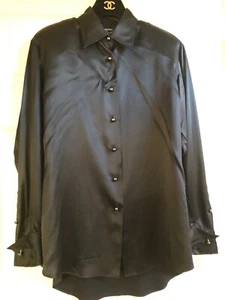 CHANEL Vintage Black Silk Blouse Pearl Buttons 24K Gold Pearl Cufflinks FR42-44 - Picture 1 of 7