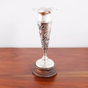 CHINESE AESTHETIC STERLING SILVER FLOWER VASE ON WOODEN PEDESTAL NO MONOGRAM - Picture 1 of 6