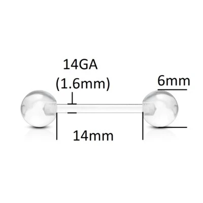 14GA 14mm Clear Bio Flex Bar - Nipple Piercing * Metal Free * 6mm Balls - Image 1 of 2