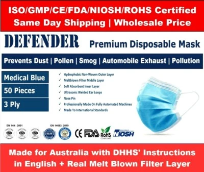Premium Face Masks 3 Ply Disposable Melt Blown CE/FDA/ISO/GMP/NIOSH Certified - image 1 of 4