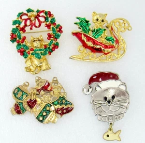 Lot of 4 Christmas Kitty Cat Pin Brooches Gold Tone Metal & Enamel Wreath Sleigh - Picture 1 of 7