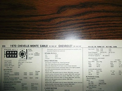 1970 Chevrolet Chevelle & Monte Carlo EIGHT 360HP 390HP 454 CI V8 Tune Up Chart  - Image 1 of 4