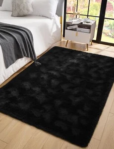 Fluffy Area Rugs For Bedroom Decor Aesthetic 3x5 Black Shag Rug With Nonslip Dot - Picture 1 of 7