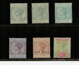 Turks Islands #48, 50, 51, 53, 55, 57 (T903) Queen Victoria 1882-95,MNH,CV$99.75