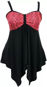 Top sexy rosso paillettes pizzo nero float orlo a 4 punti sottile con spalline abbigliamento festa - Foto 1 di 2