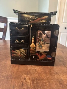 Vintage Black Lacquer Japanese Jewelry Box W/ Dancing Geisha Music Box Works - Picture 1 of 8