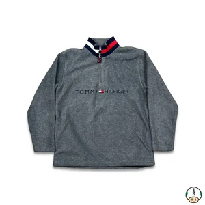 Vintage Tommy Hilfiger Fleece Mens Large Gray Flag Pullover 1/4 Zip Y2K Jacket - Picture 1 of 5