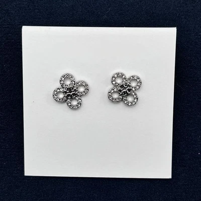 New! Tory Silver Pave Logo & Clover Stud Earrings with Jewelry Pouch - Image 1 of 3