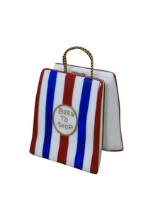 Peint Main Red White & Blue Born to Shop Limoges Trinket Keepsake Box Bag 3" - Picture 1 of 11