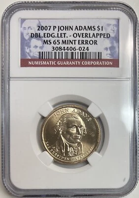 2007 P John Adams $1 Doubled Edge Lettering Overlapped NGC MS65 Mint Error Coin - Image 1 of 4