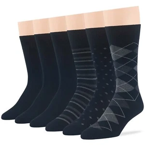 Men's Cotton 6 Pack Dress Solid Argyle Dotted Striped Socks Large 10-13 Black - Picture 1 of 9